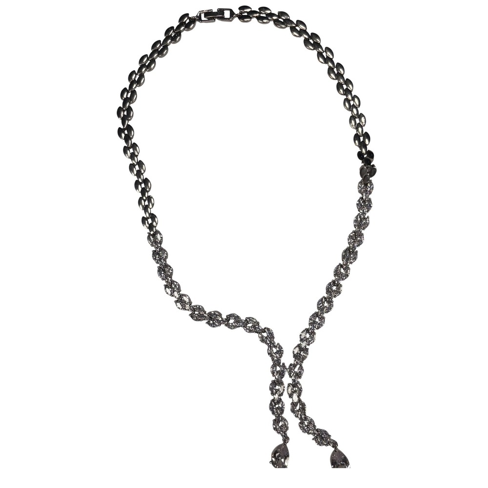 Sparkling Rhinestone Y Necklace Silver Tone Marquise Cut Dangle‎ Pendant